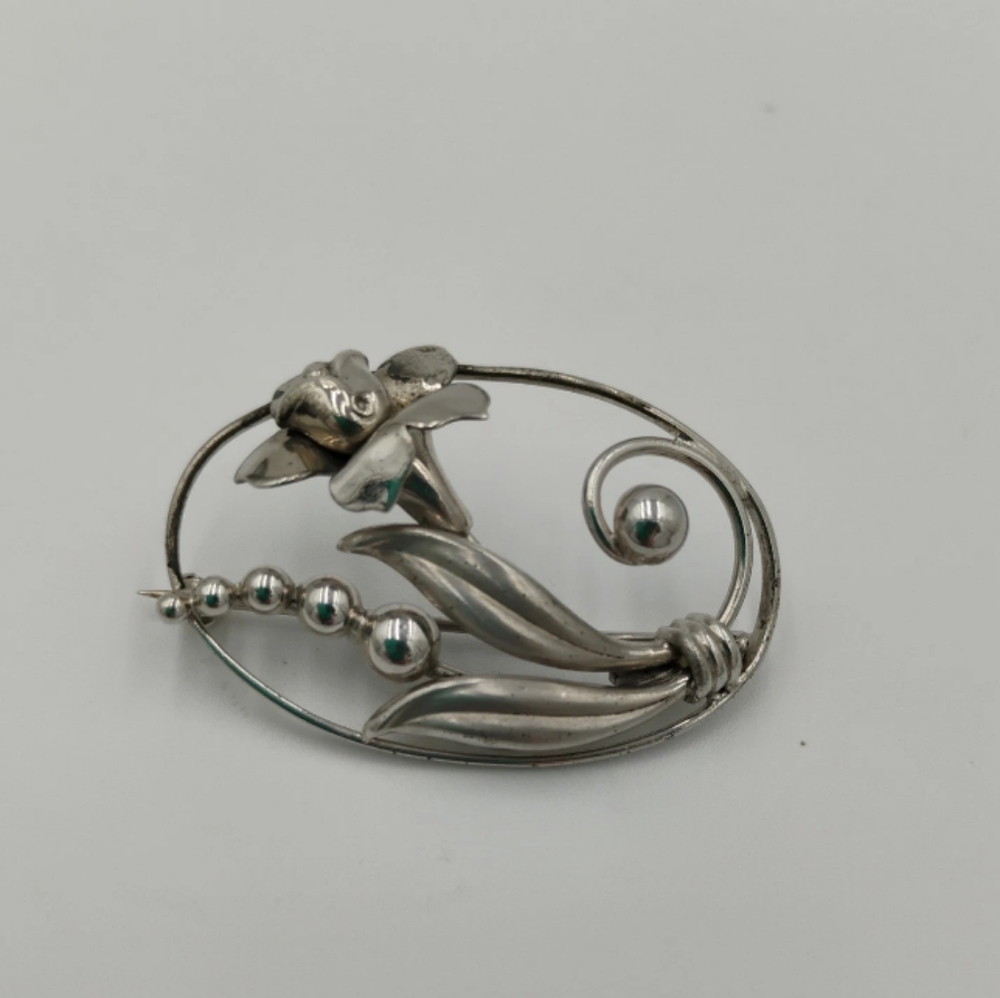 CARL ART 925 Sterling Silver  Vintage Shiny Sculpted Flower Brooch Pin